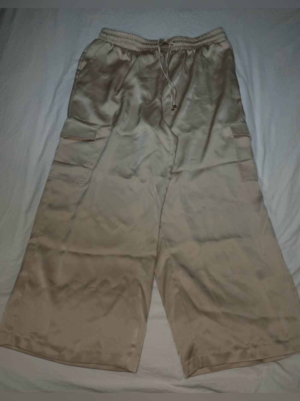 NWOT - NINE WEST Pants / Satin / Tan / Beige / Large / Pockets / Elastic Waist